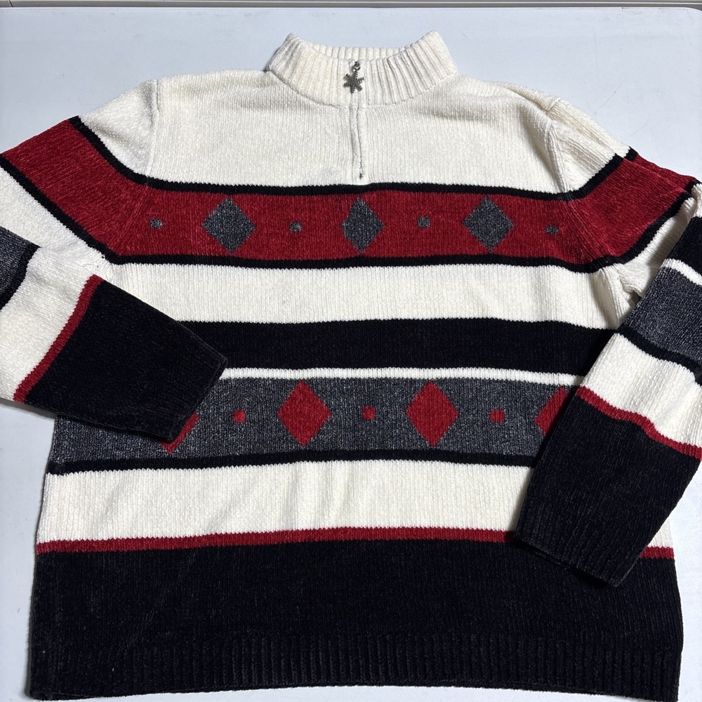 Alfred Dunner Geometric Red Black Cream Striped Sweater Sz Large Granny